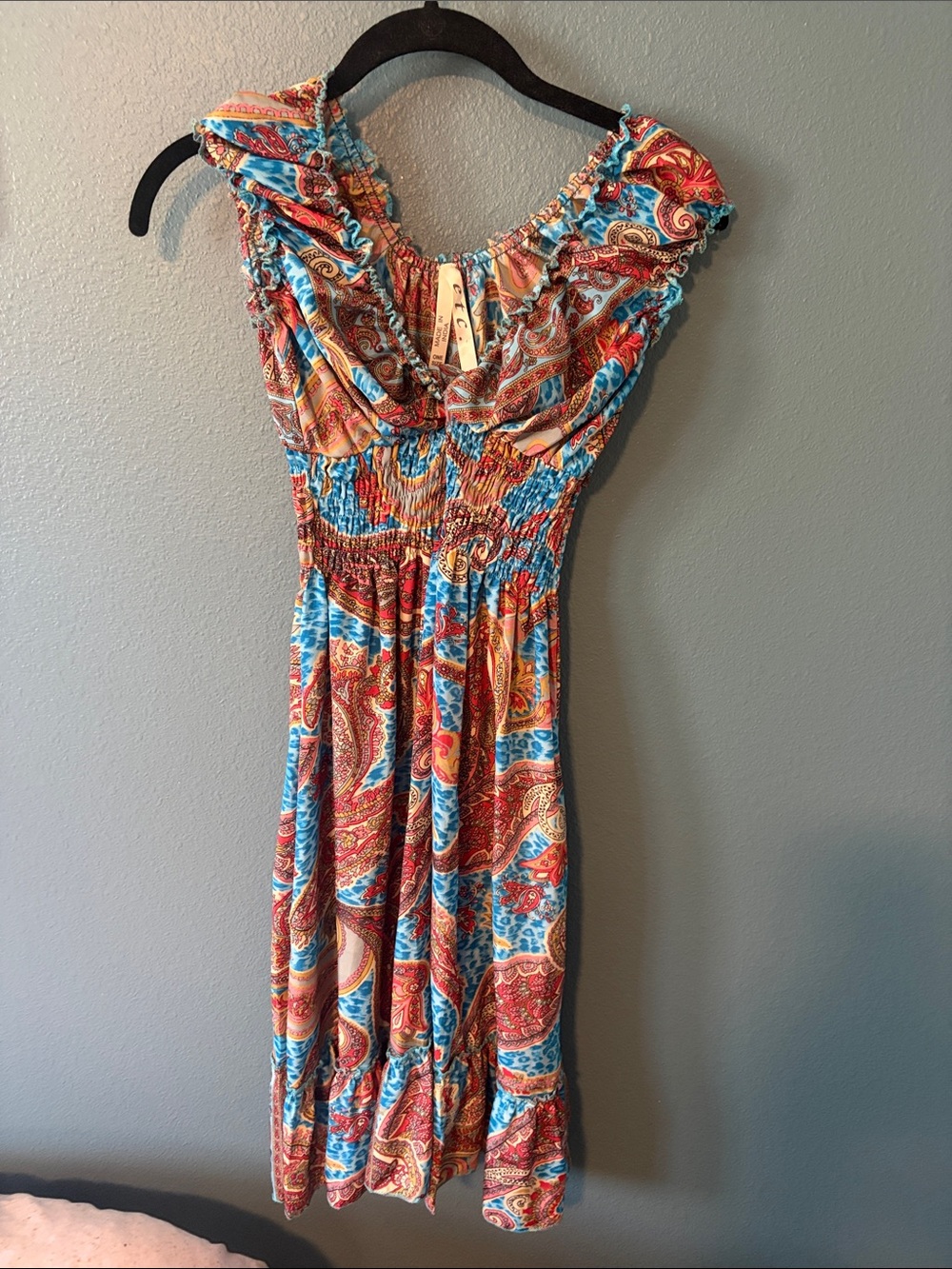 Smocked Midi Dress in Turquoise & Coral Paisley
